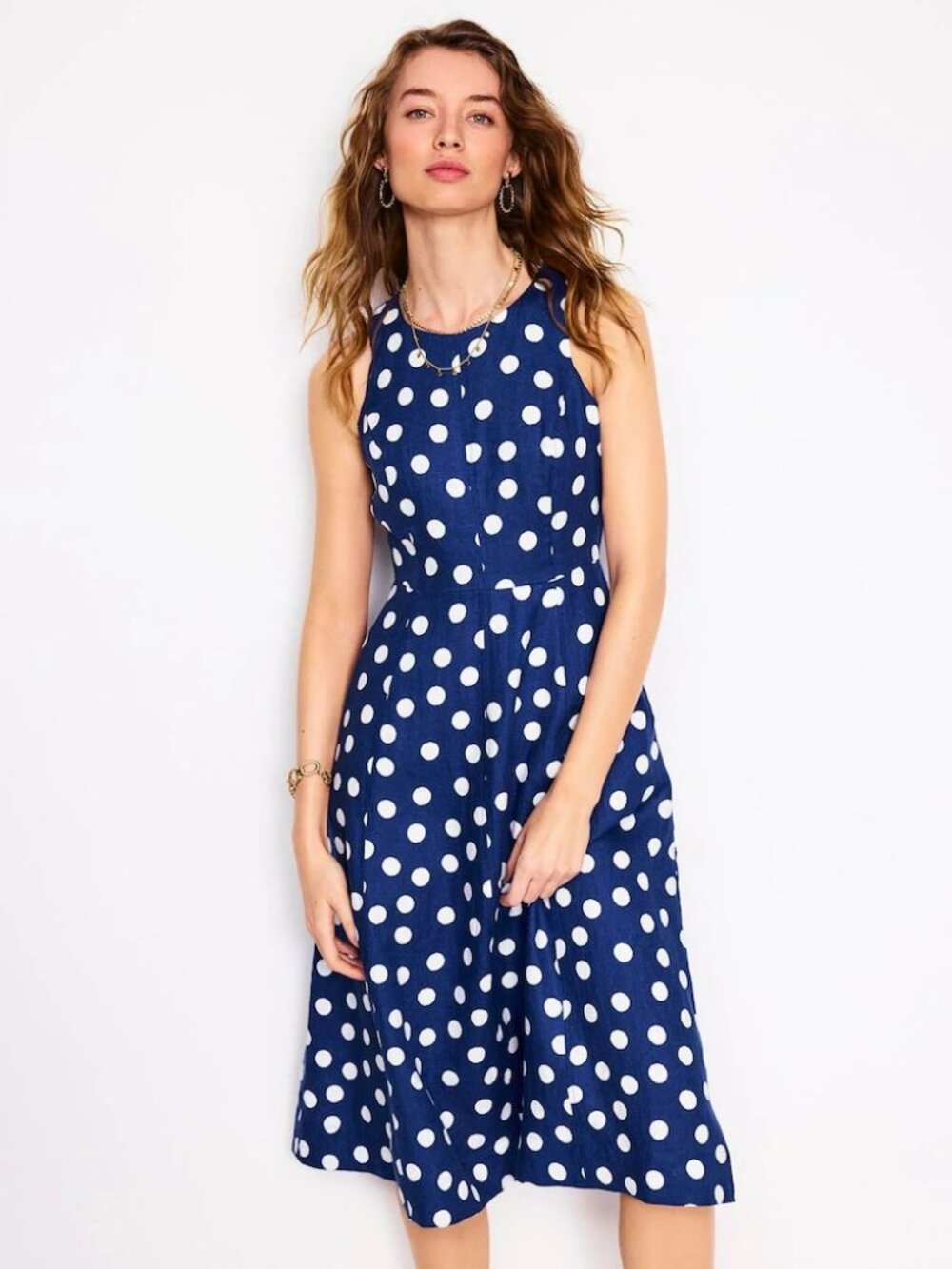 Coquette Whimsy Boho Preppy Boden Linen Midi Dress Blue White Polka Dot US 14R
